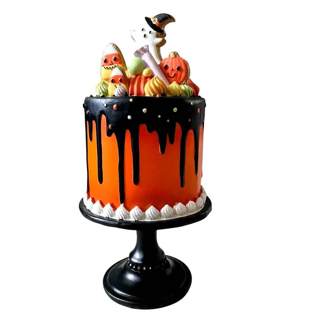 Ghoulish Halloween Candy Corn Ghost Cake Decor 13in Resin Black & Orange NEW